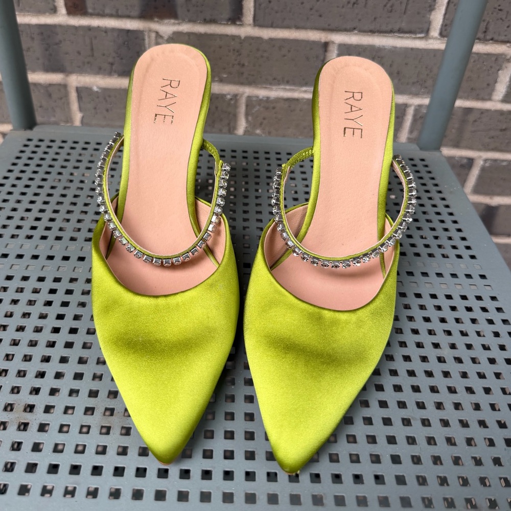 RAYE Jinxx Heels; Citron Green Satin Crystal-Embellished